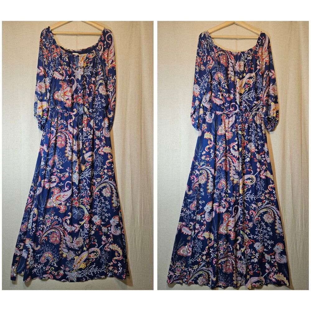 Bisou Bisou 16 Dress Blue Pink Floral Paisley Woven Long Maxi 3/4 Balloon Sleeve